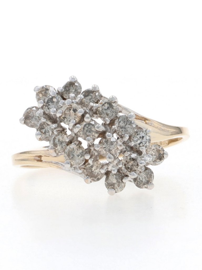 Yellow Gold Diamond Cluster Cocktail Bypass Ring 10k Rd 1.00ctw Floral Waterfall